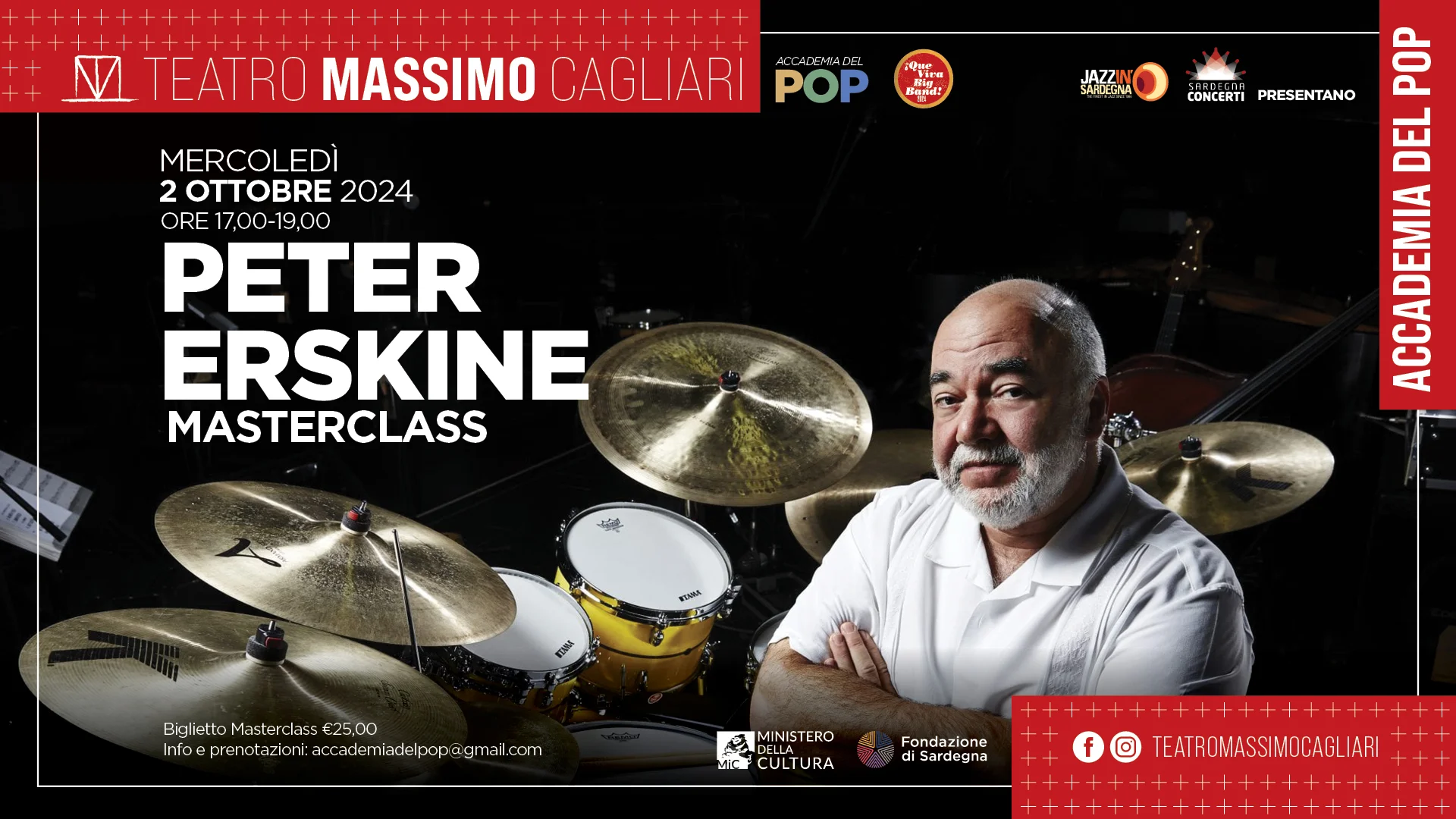 Masterclass di batteria con Peter Erskine il 2 Ottobre 2024 al Teatro Massimo di Cagliari per Accademia del Pop